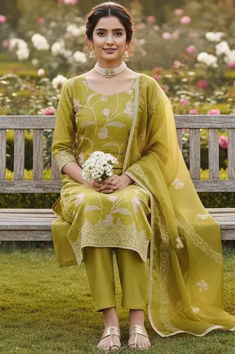Mustard color glass cotton fabric embroidered ethnic salwar suit