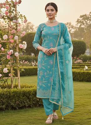 Blue color glass cotton fabric embroidered ethnic salwar suit 1