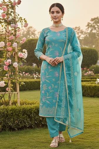 Blue color glass cotton fabric embroidered ethnic salwar suit