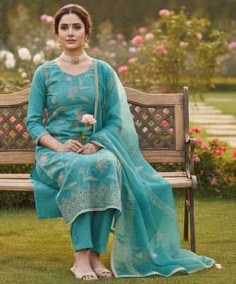 Blue color glass cotton fabric embroidered ethnic salwar suit 2