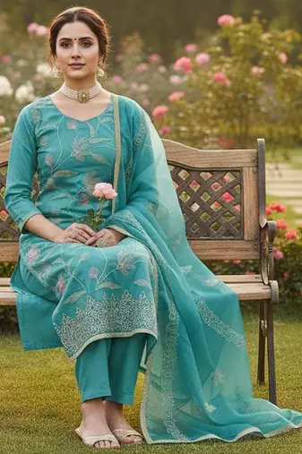 Blue color glass cotton fabric embroidered ethnic salwar suit