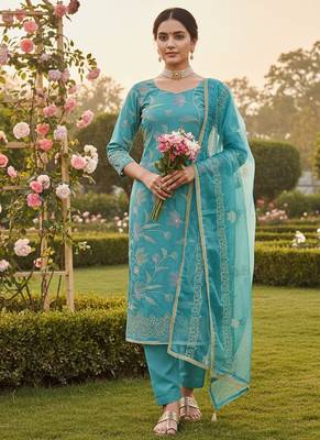 Blue color glass cotton fabric embroidered ethnic salwar suit 3