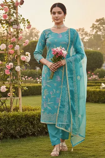 Blue color glass cotton fabric embroidered ethnic salwar suit