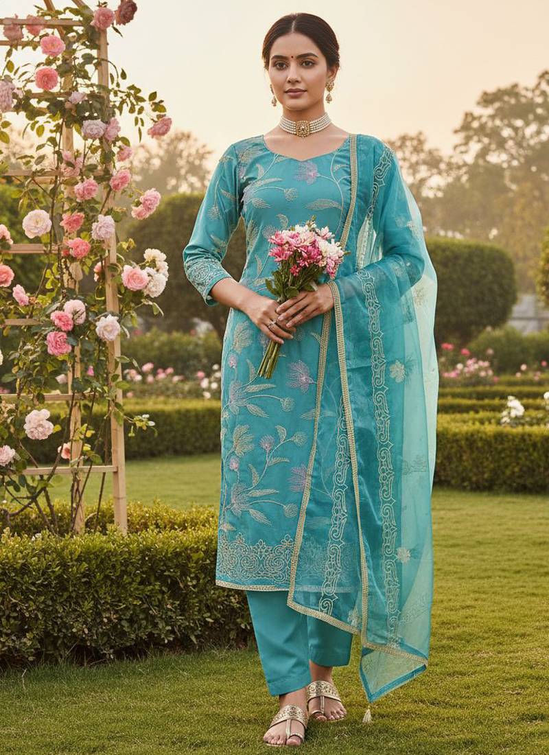 Blue color glass cotton fabric embroidered ethnic salwar suit