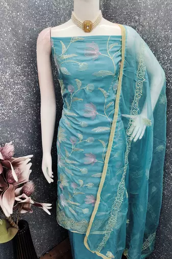 Blue color glass cotton fabric embroidered ethnic salwar suit