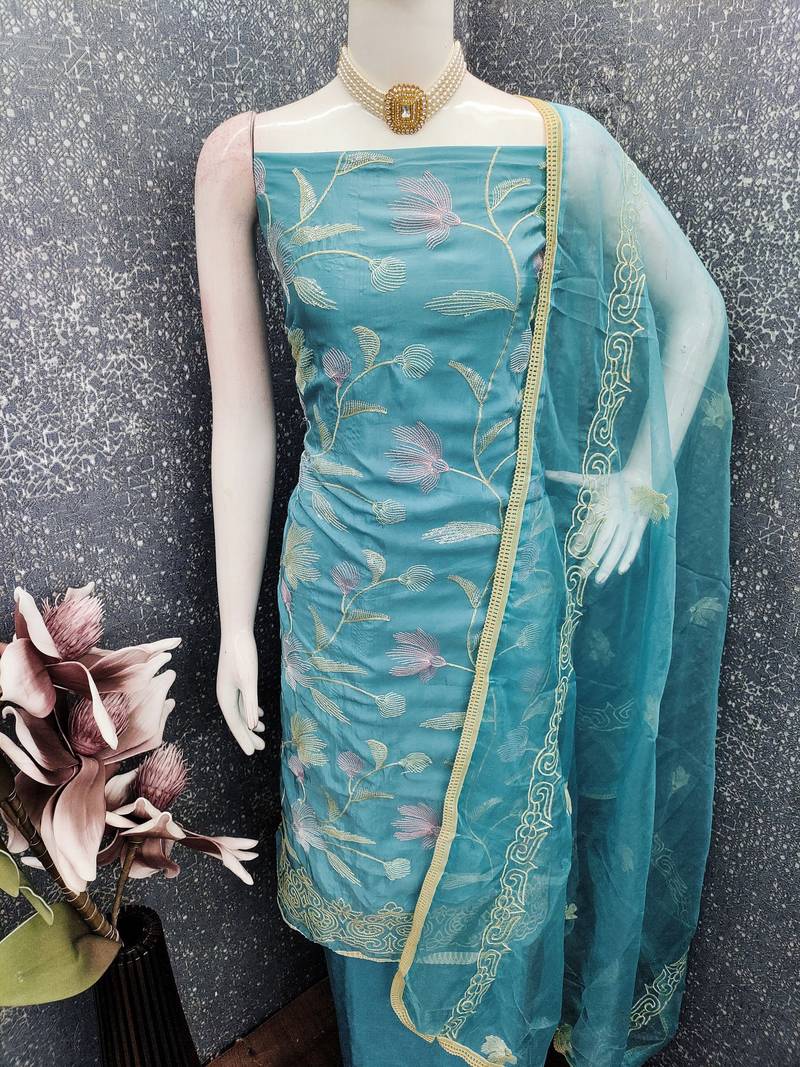 Blue color glass cotton fabric embroidered ethnic salwar suit