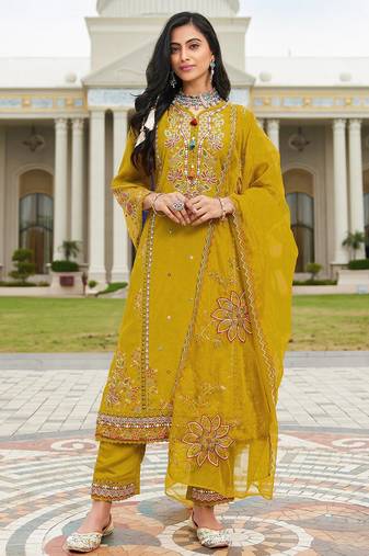 Yellow color beautiful ethnic partywear designer embroidered suit