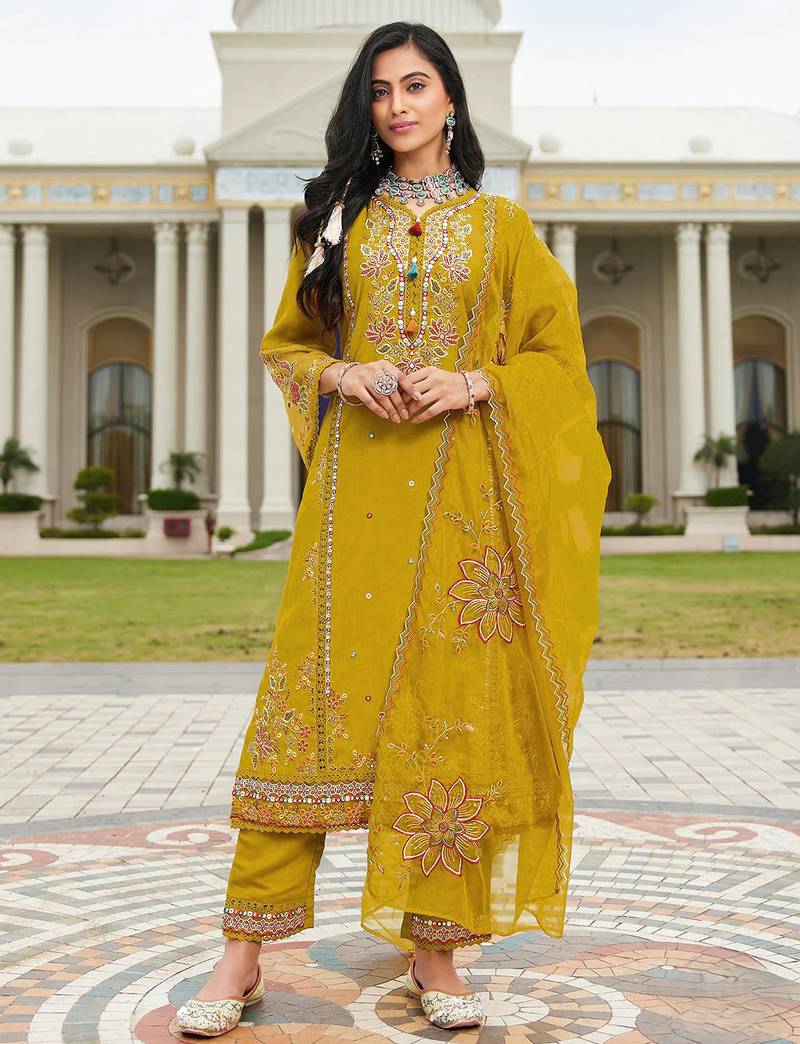 Yellow color beautiful ethnic partywear designer embroidered suit