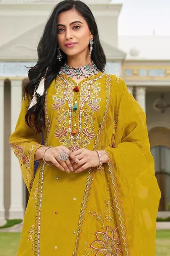 Yellow color beautiful ethnic partywear designer embroidered suit