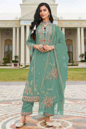 Green color beautiful ethnic partywear designer embroidered suit