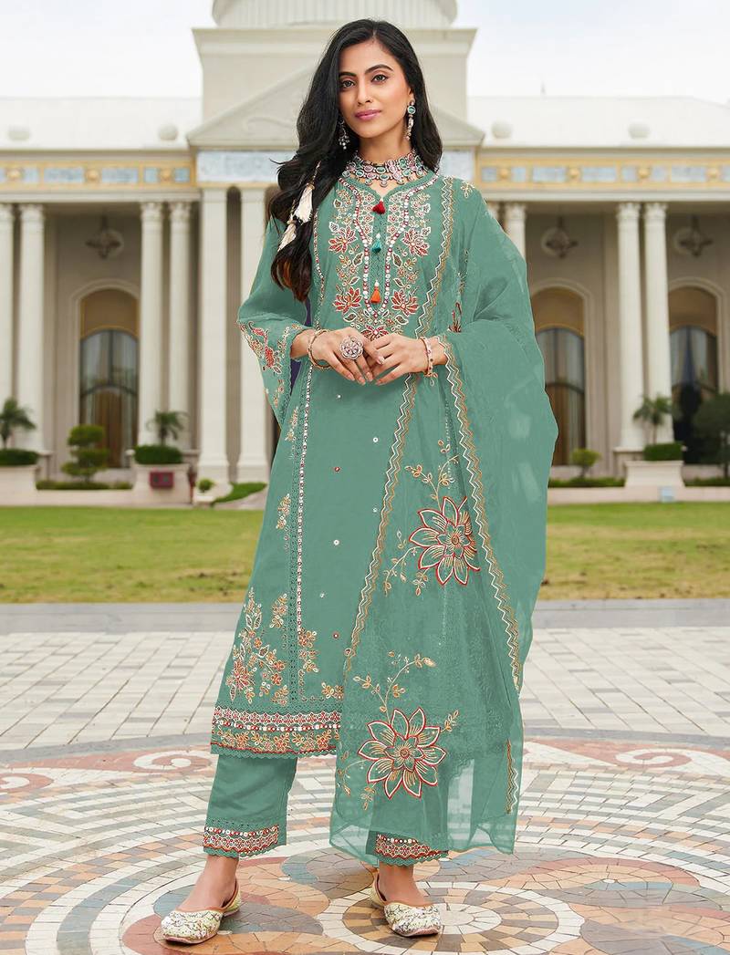 Green color beautiful ethnic partywear designer embroidered suit