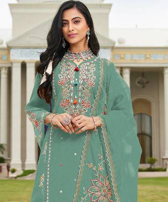 Green color beautiful ethnic partywear designer embroidered suit 2
