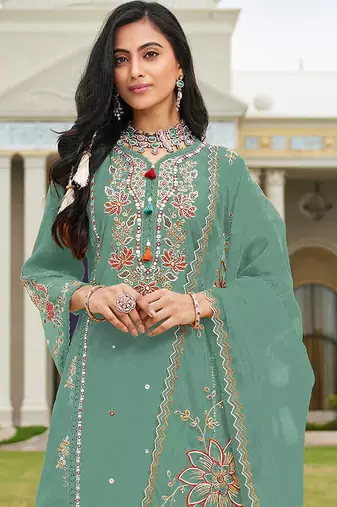 Green color beautiful ethnic partywear designer embroidered suit
