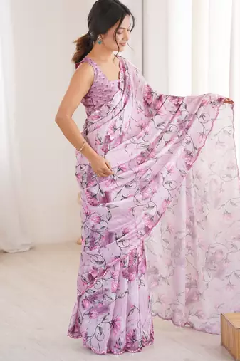 women   s elegant purple chinon digital printed designer saree