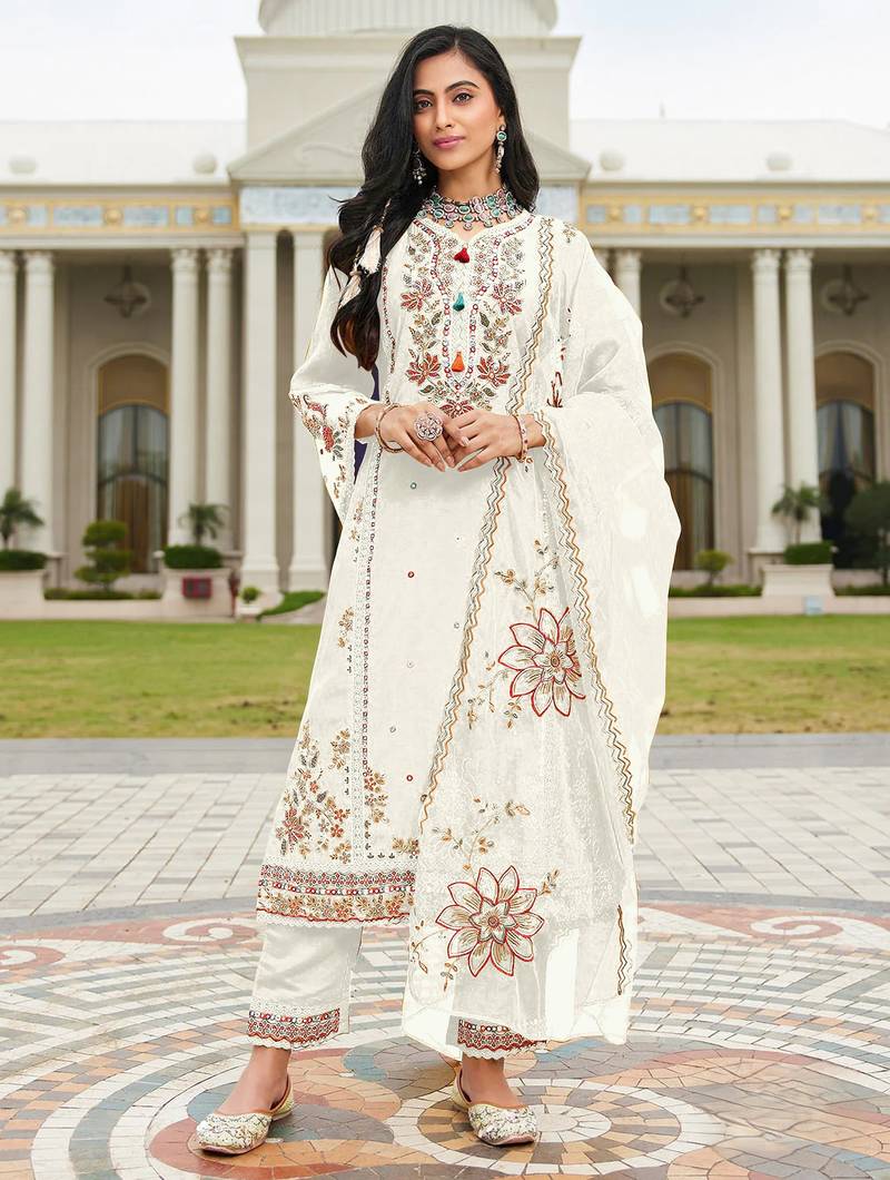 White color beautiful ethnic partywear designer embroidered suit