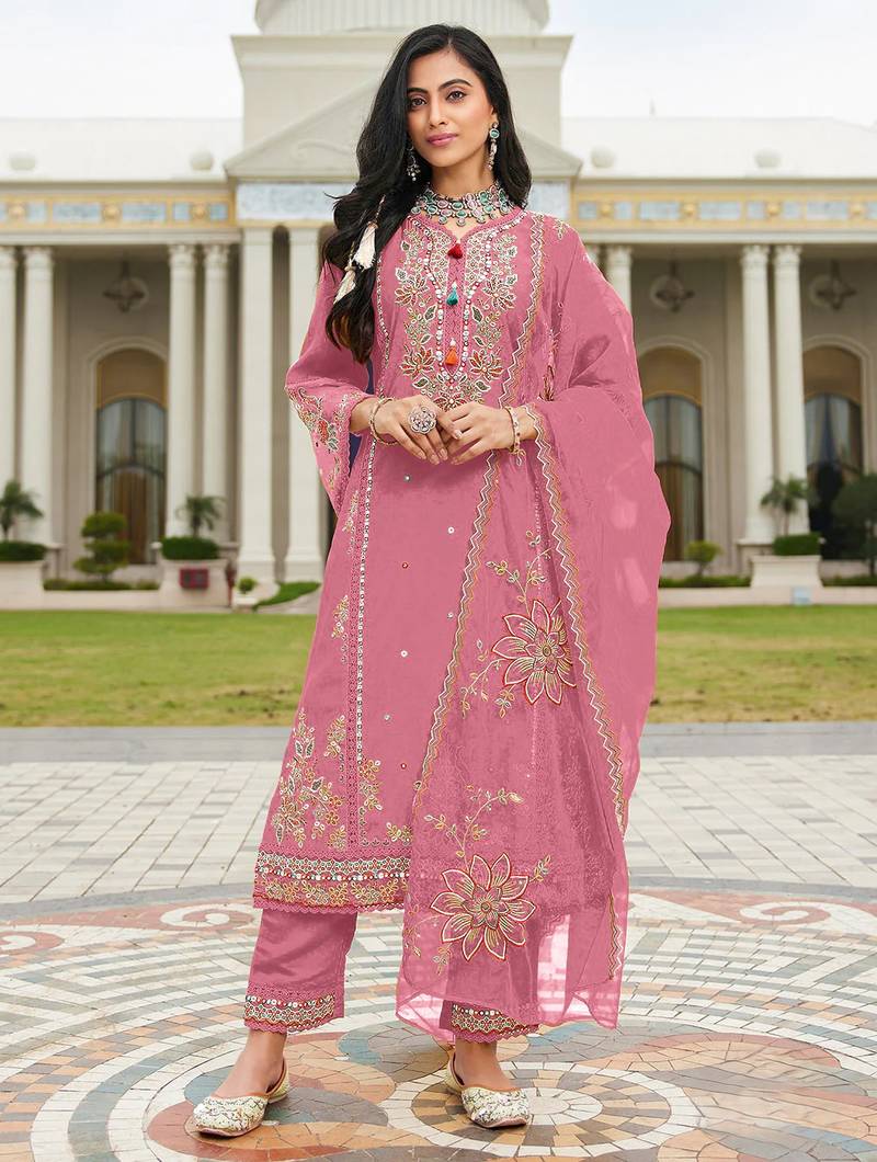 Pink color beautiful ethnic partywear designer embroidered suit