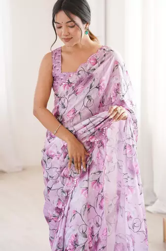 women   s elegant purple chinon digital printed designer saree