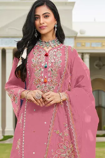 Pink color beautiful ethnic partywear designer embroidered suit