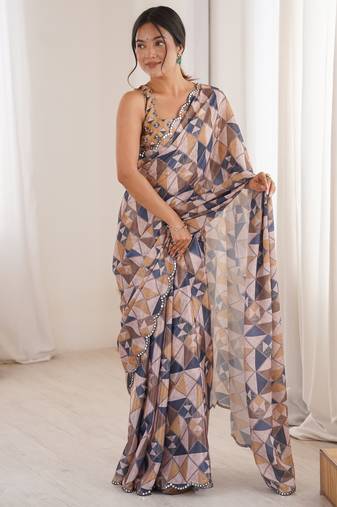 women   s chinon multicolor digital printed saree with blouse