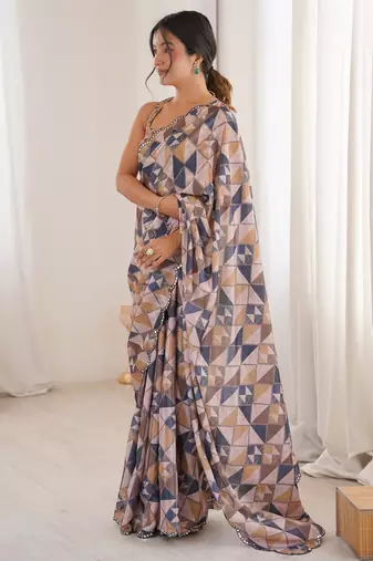 women   s chinon multicolor digital printed saree with blouse