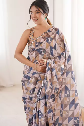women   s chinon multicolor digital printed saree with blouse