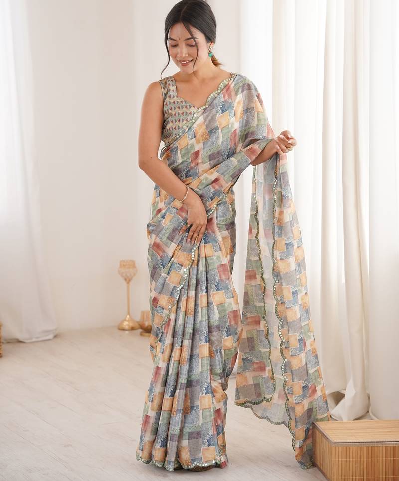 women   s chinon multicolor abstract print saree with blouse