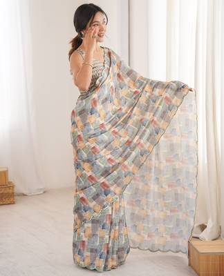 women   s chinon multicolor abstract print saree with blouse 2
