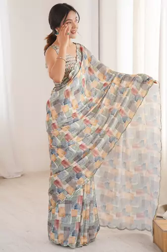 women   s chinon multicolor abstract print saree with blouse