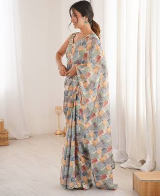 women   s chinon multicolor abstract print saree with blouse 3