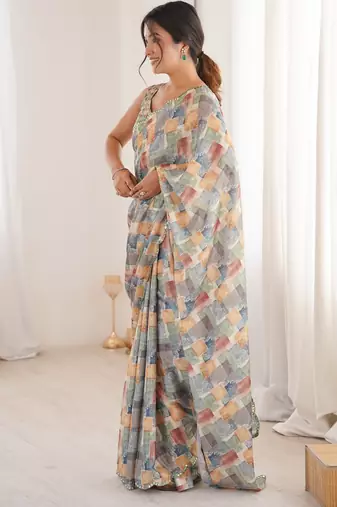 women   s chinon multicolor abstract print saree with blouse