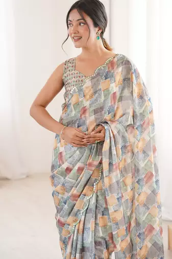 women   s chinon multicolor abstract print saree with blouse
