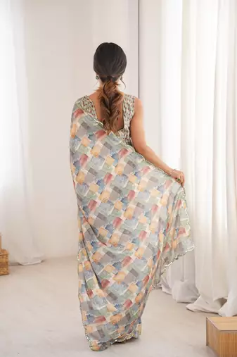 women   s chinon multicolor abstract print saree with blouse