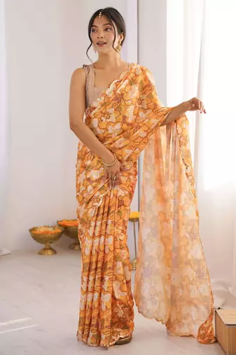 women   s multicolor soft chinon digital printed saree with blouse