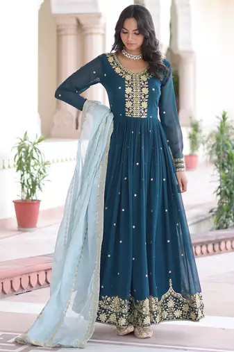 Teal blue color beautiful ceremonial faux georgette fabric gown for party looks