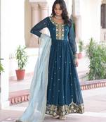 Teal blue color beautiful ceremonial faux georgette fabric gown for party looks