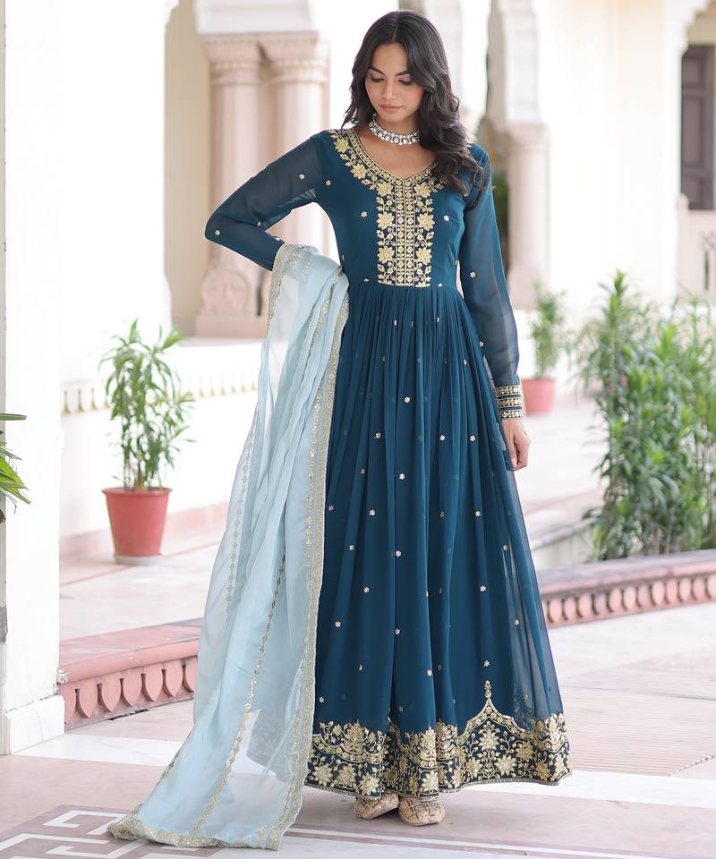 Teal blue color beautiful ceremonial faux georgette fabric gown for party looks