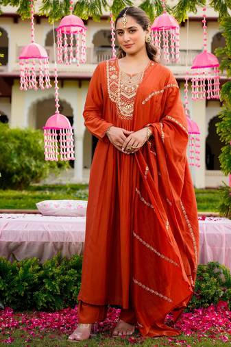 Rust color beautiful readymade dress on vichitra silk fabric for graceful girlie looks