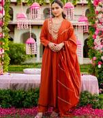 Rust color beautiful readymade dress on vichitra silk fabric for graceful girlie looks
