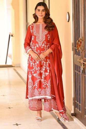 Rust color beautiful readymade dress on muslin fabric for graceful girlie looks