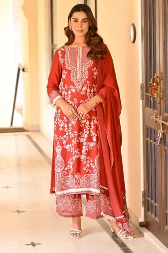 Rust color beautiful readymade dress on muslin fabric for graceful girlie looks