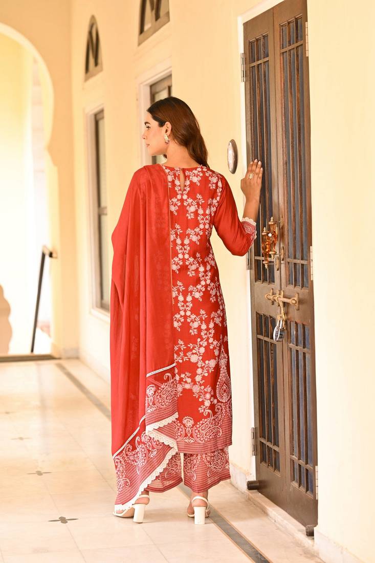 Rust color beautiful readymade dress on muslin fabric for graceful girlie looks