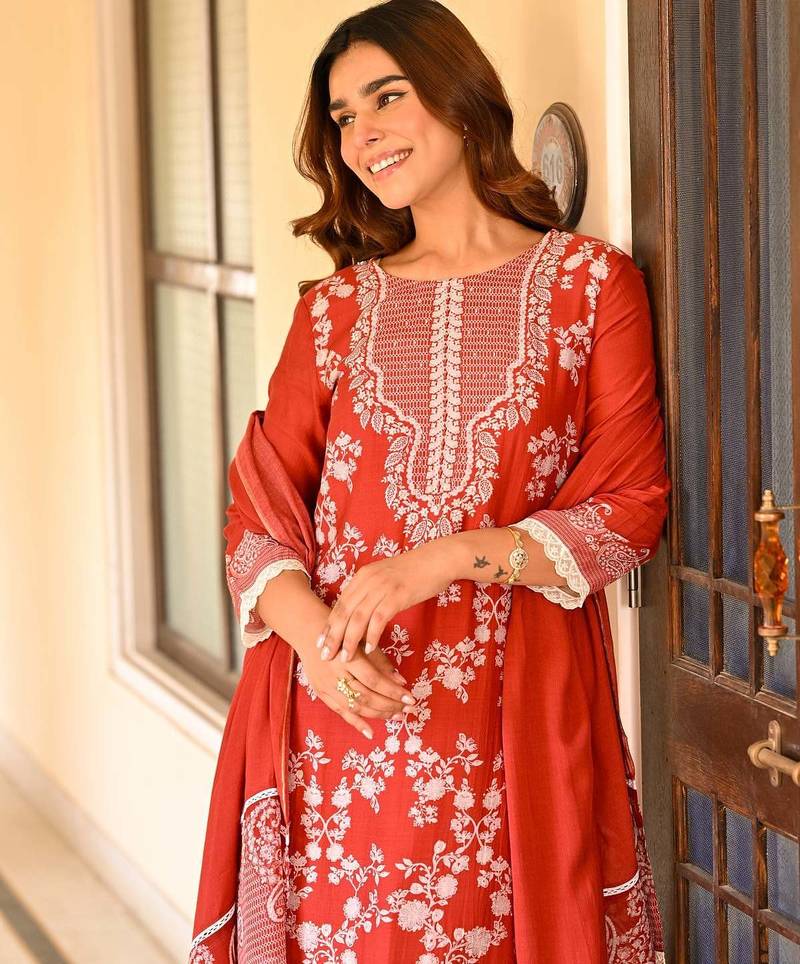 Rust color beautiful readymade dress on muslin fabric for graceful girlie looks