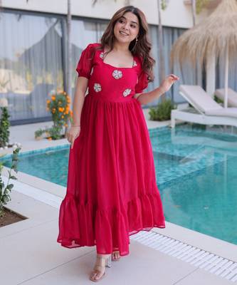 Pink color beautiful ceremonial fendy silk gown for party looks 1