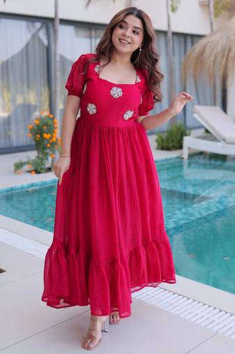 Pink color beautiful ceremonial fendy silk fabric gown for party looks