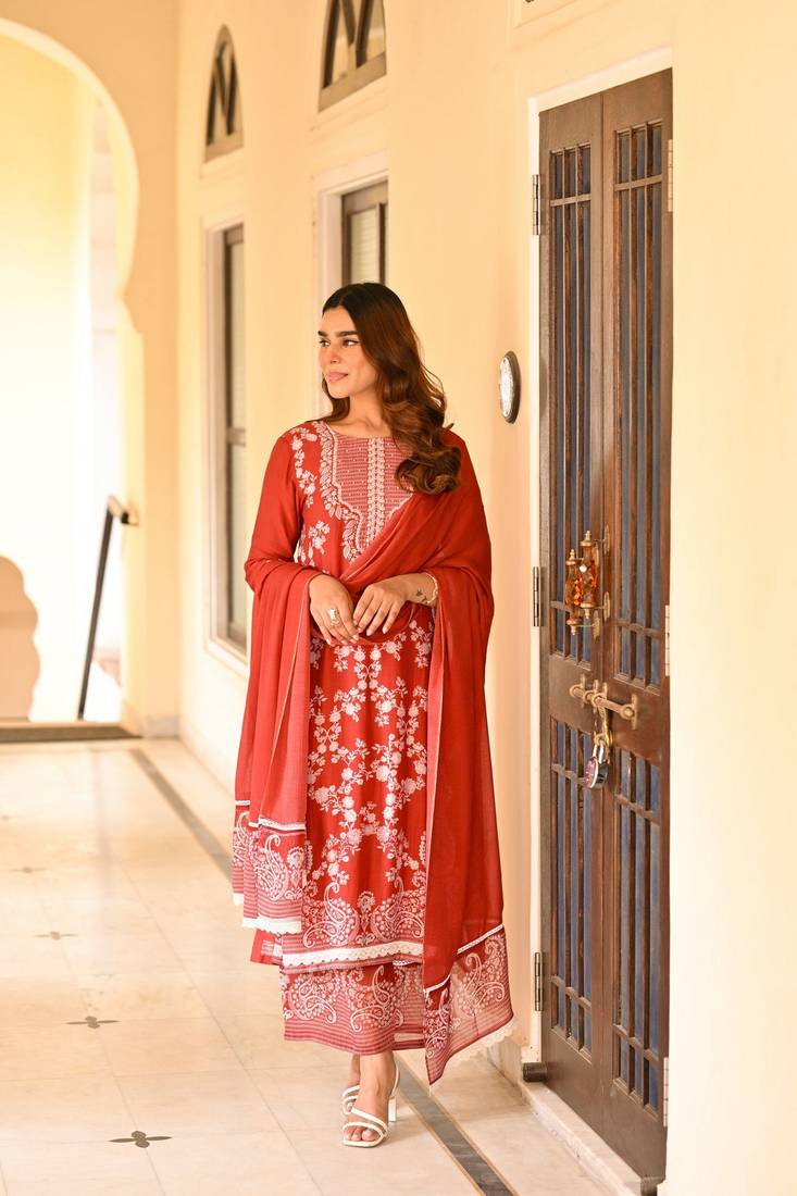 Rust color beautiful readymade dress on muslin fabric for graceful girlie looks