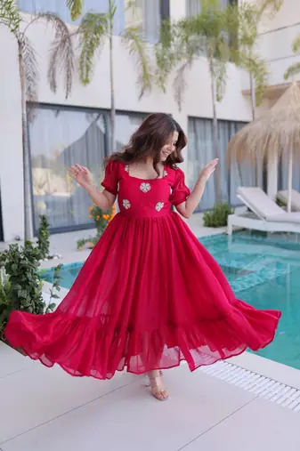 Pink color beautiful ceremonial fendy silk gown for party looks