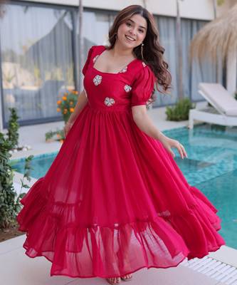 Pink color beautiful ceremonial fendy silk gown for party looks 4
