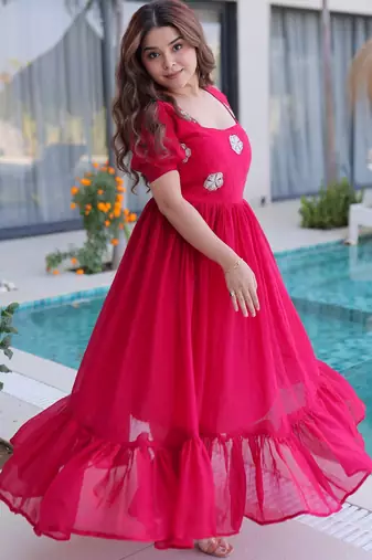 Pink color beautiful ceremonial fendy silk gown for party looks