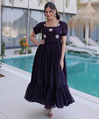 Dark purple color beautiful ceremonial fendy silk gown for party looks 1