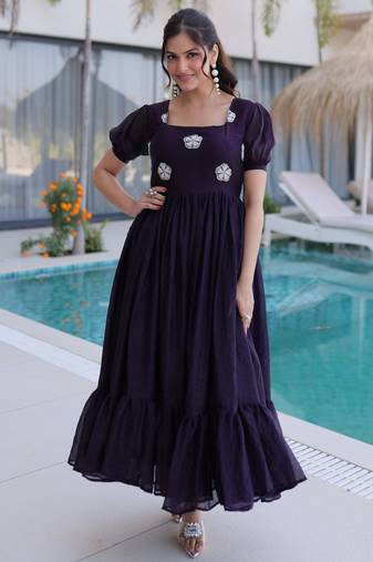 Dark purple color beautiful ceremonial fendy silk fabric gown for party looks